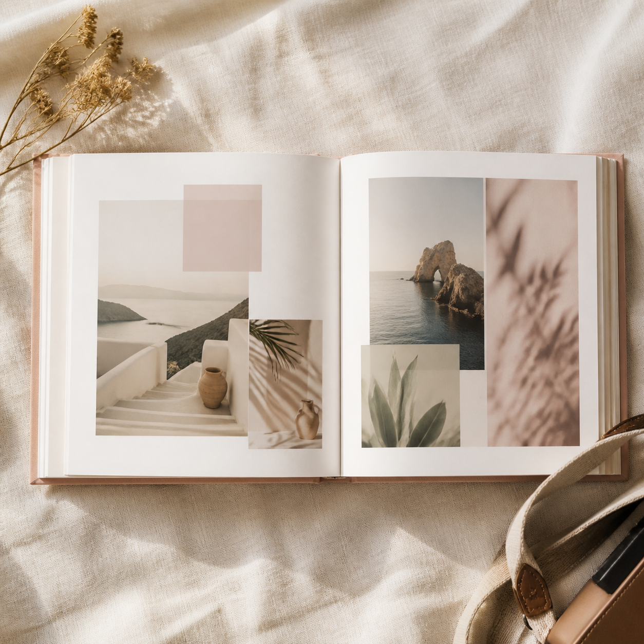 Photobook mở trên nền vải sáng